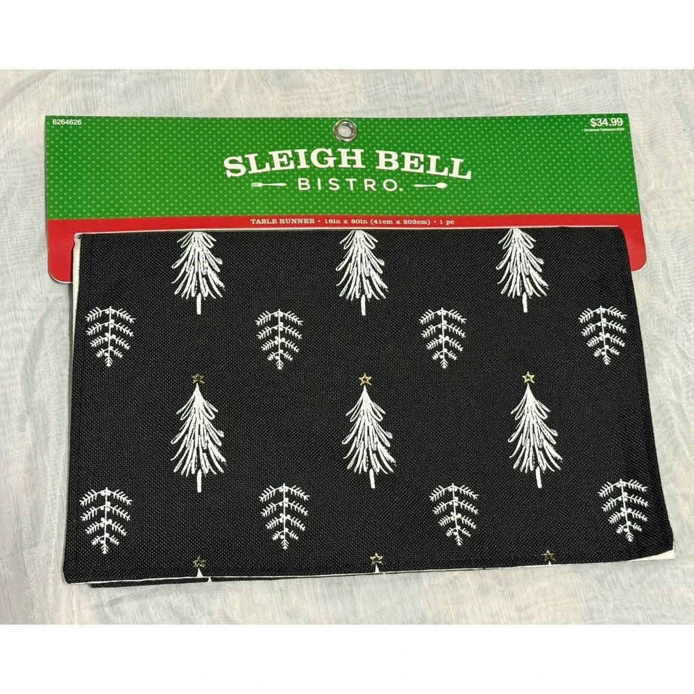 Sleigh Bell Bistro Christmas Table Runner Black White Trees Gold 16